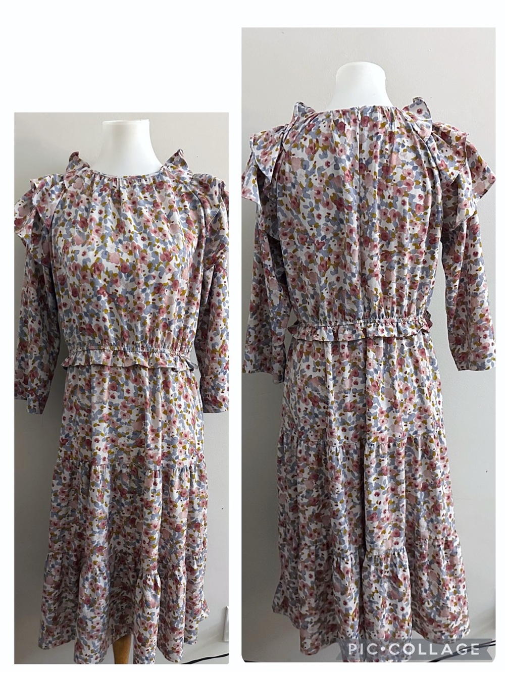 The Middle Floral Ruffle Cottagecore Boho Midi Dress Prairie Romantic